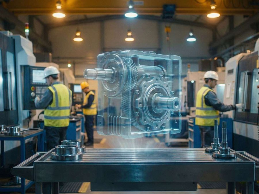 Industrial machine rendered as an interactive 3D hologram on a workshop floor, built from a site scan