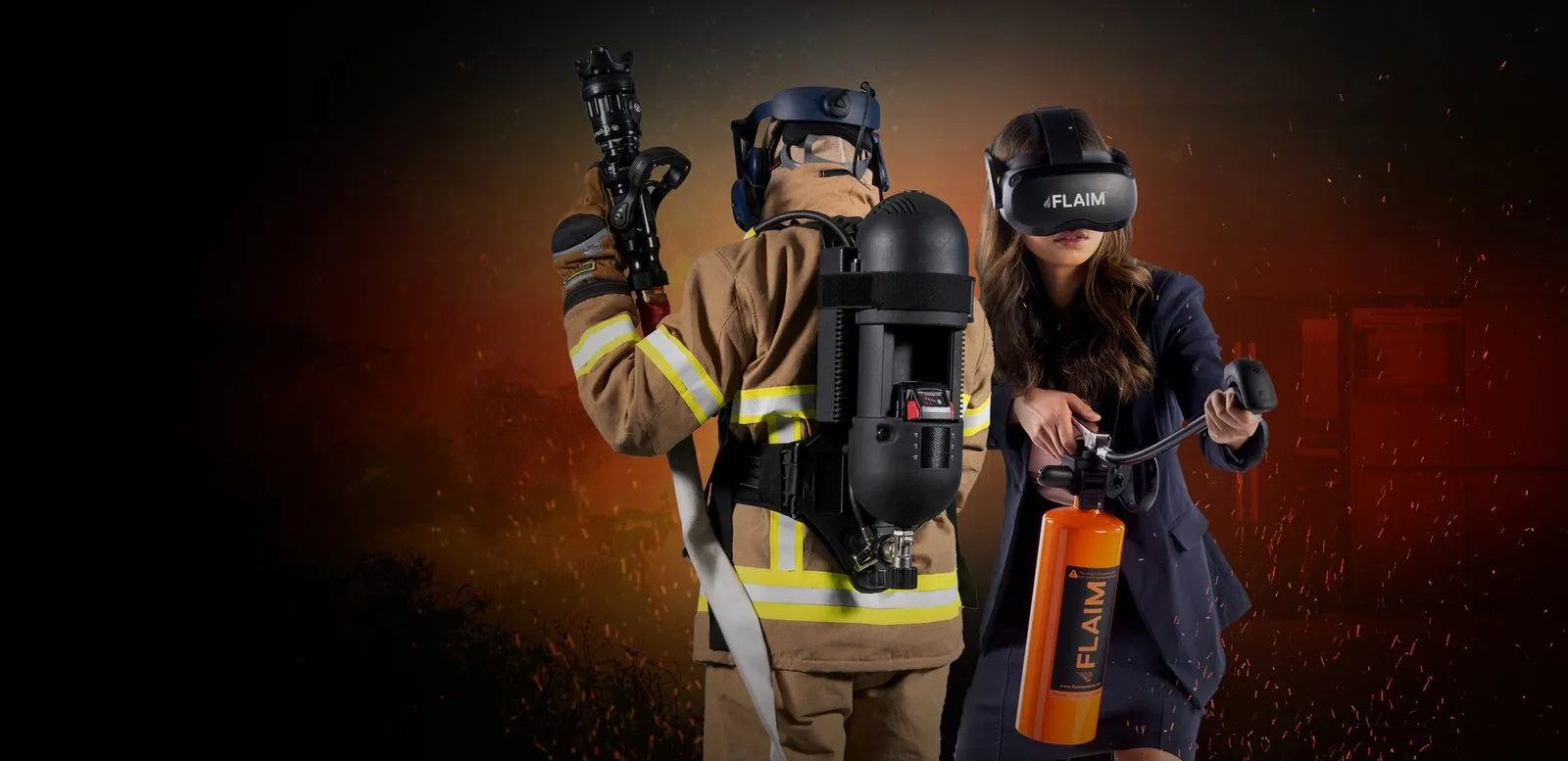 Virtual reality firefighter training headset in use