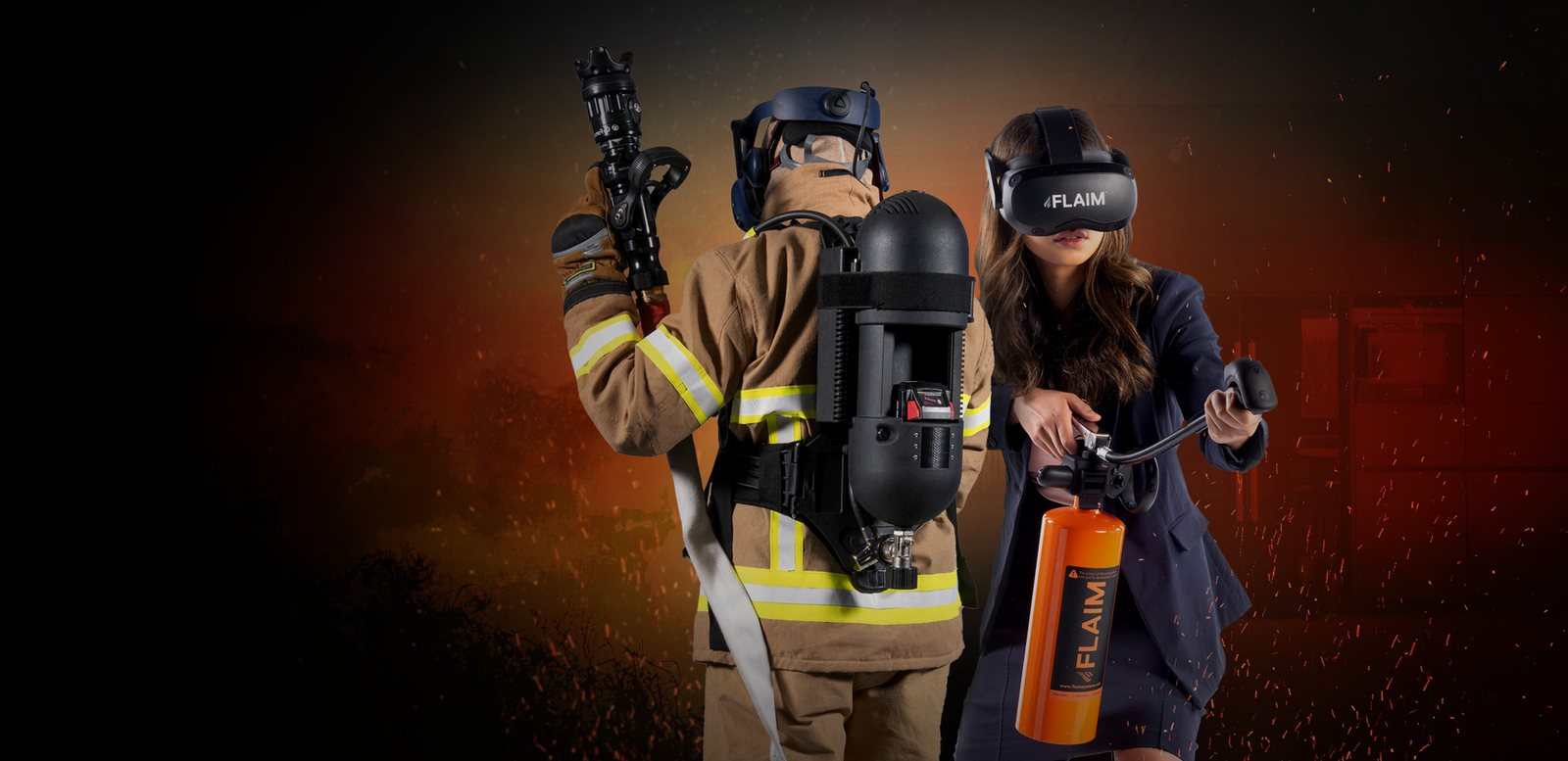 Virtual reality firefighter training headset in use