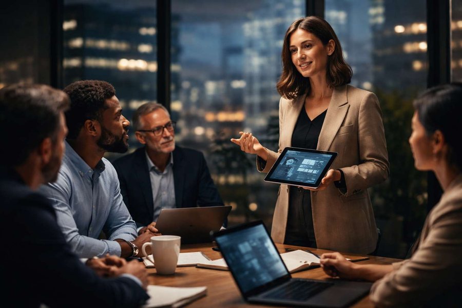 A workforce team reviewing interactive training content on a tablet in a modern office